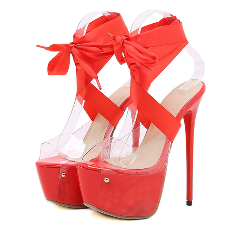 Hnewly Sexy Red Thigh High Lace-Up Platform Sandals Women 16.5 CM Transparent Shoes Stiletto Peep Toe Nightclub Stripper Heels