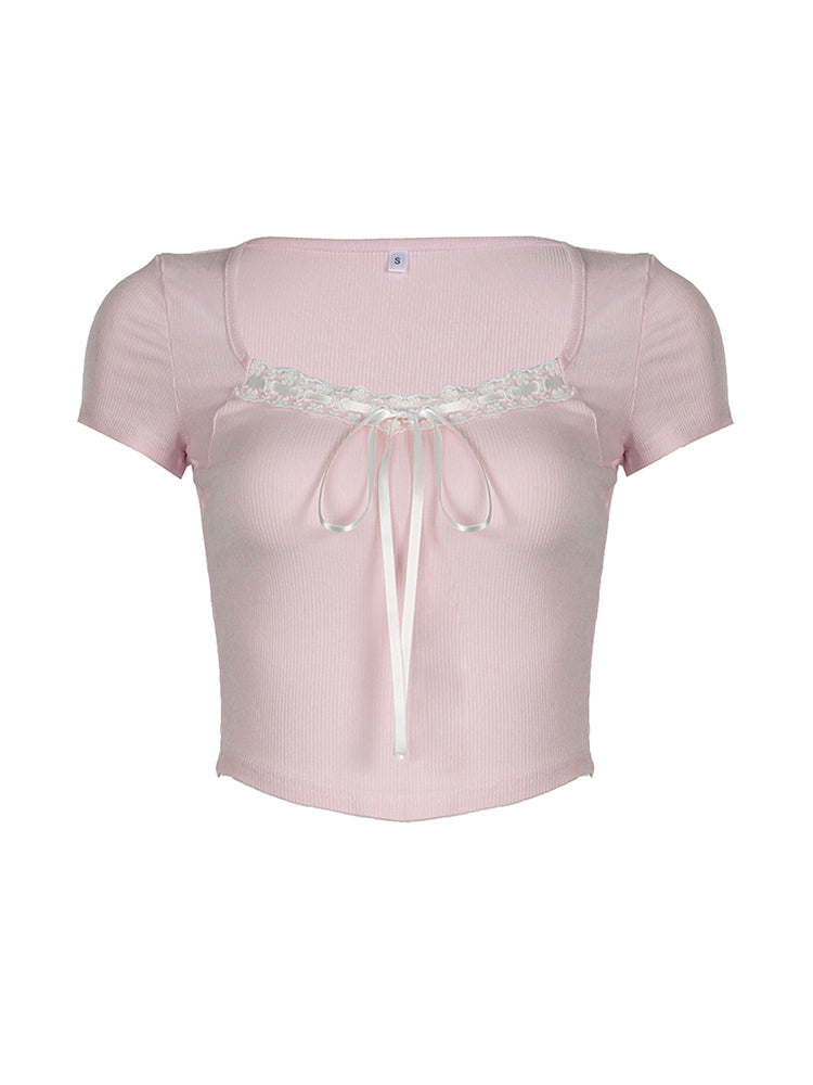 Hnewly - summer inspo Balletcore Sweet Y2K Tie Lace Trim Square Collar Pink T-Shirt Women Short Sleeve 2000s Cute Kawaii Clothes