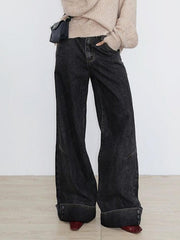 hnewly - Vintage Buttoned Hem Loose Low-Rise Jeans hnewly