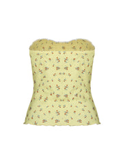 Hnewly - summer inspo Yellow Floral Print Sleeveless Strapless Slim Cute Y2K Tube Top Women Lace Trim Shirring 2000sSummer Holiday Clothing