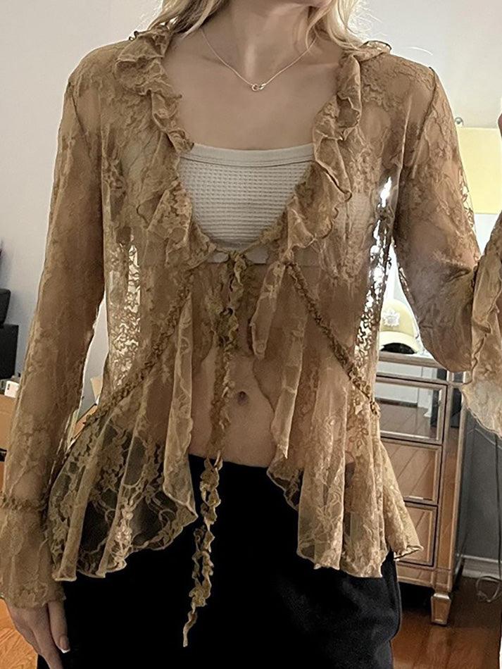 Hnewly Lace Front Tie Bell Long-Sleeve Blouse
