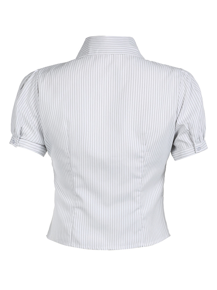 Hnewly - summer inspo White Stripe Puff Short Sleeve Button Shirts For Women Basic Simple Casual Seumme Preppy Tops Y2K Korean Clothes