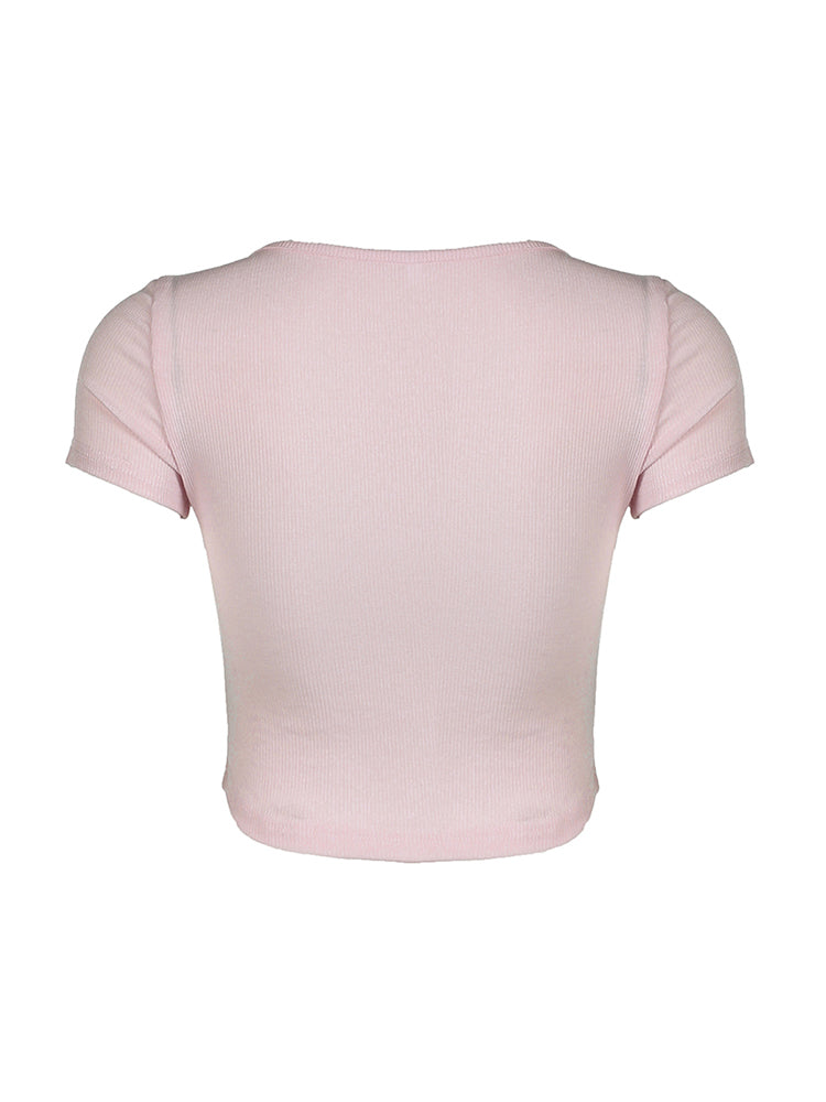 Hnewly - summer inspo Balletcore Sweet Y2K Tie Lace Trim Square Collar Pink T-Shirt Women Short Sleeve 2000s Cute Kawaii Clothes