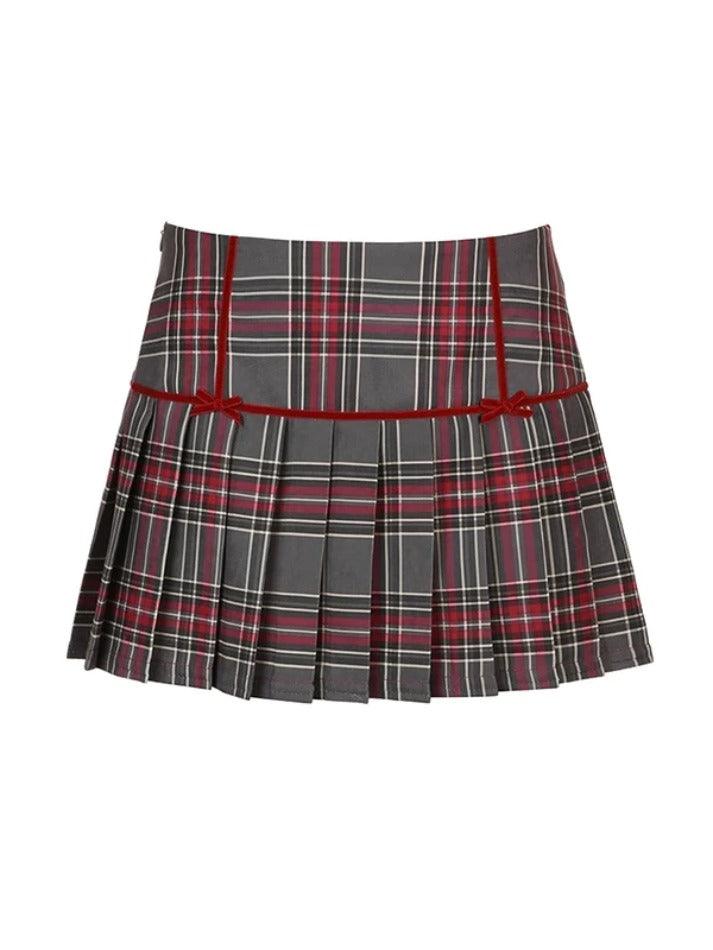 Hnewly - Vintage Plaid Print Bow Decor Pleated Low Rise Mini Skirt ddbos-shop