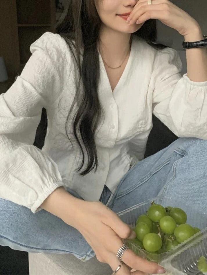 Hnewly Lace Up Button Front Long Sleeve Blouse