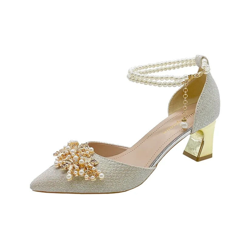 Hnewly Ladies Shoes on Sale New Fashion Pointed Metal Beaded Solid Women's High Heels Summer Leisure Banquet Women Wedding Pump
