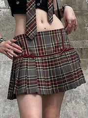 Hnewly - Vintage Plaid Print Bow Decor Pleated Low Rise Mini Skirt ddbos-shop
