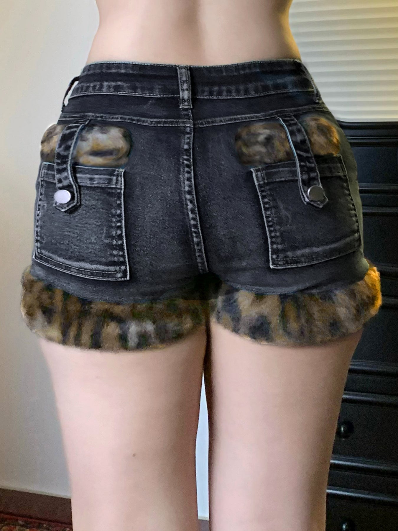 Hnewly - summer inspo Fashion Y2k Leopard Faux Fur Spliced Jean Shorts Women Chic Trendy Street Shorts Retro Exquisite