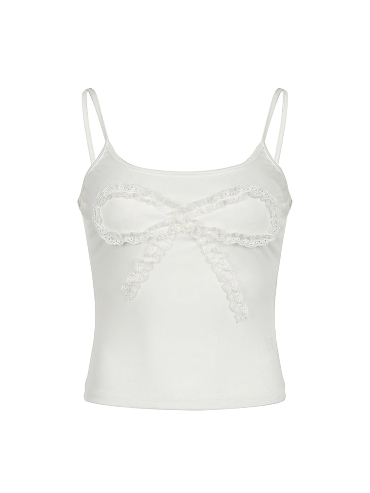 Hnewly - summer inspo Lace Bow Patches White Basic Cute Y2K Camisole Sleeveless Slim Women Crop Top Simple Casual Tank Vest