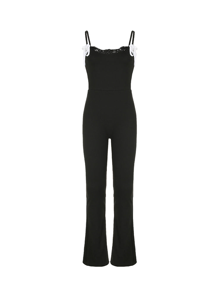 Hnewly - summer inspo Black Solid Sleeveless Skinny Sexy Flared Jumpsuits Women Lace Trim Tie Bow Cute Sweet Y2K Slip Rompers