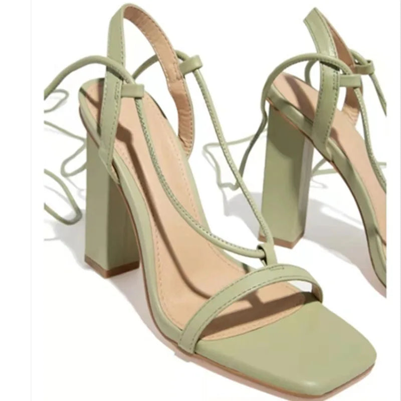 Hnewly Shoes Women Summer Cross Bandage High Heels Sandals Women Fashion Lace Up Peep Toe Shoes Female Square Heel Sandals 35-42