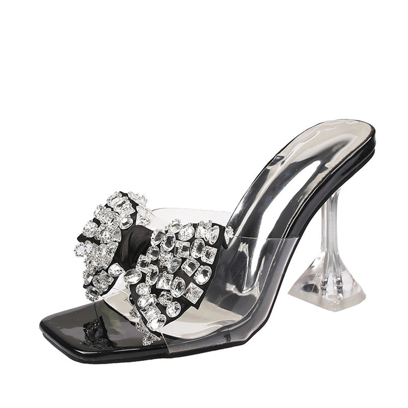 Hnewly Big Size 44 45 46 Women Shoes Clear High Heels Modern Slippers Street Sexy Crystal Bowknot Square Toe Transparent Sandals