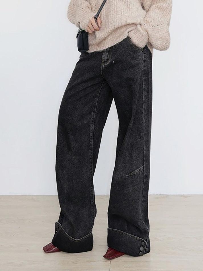 hnewly - Vintage Buttoned Hem Loose Low-Rise Jeans hnewly