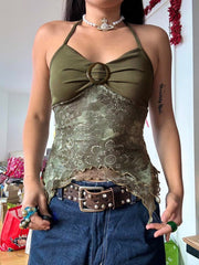 Hnewly - summer inspo Retro Forest Green Vintage Print Boho Y2K Camisole Backless Halter Tie Asymmetrical Tops Women Summer Vacation Clothing