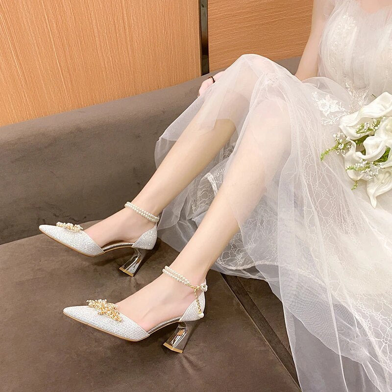 Hnewly Ladies Shoes on Sale New Fashion Pointed Metal Beaded Solid Women's High Heels Summer Leisure Banquet Women Wedding Pump