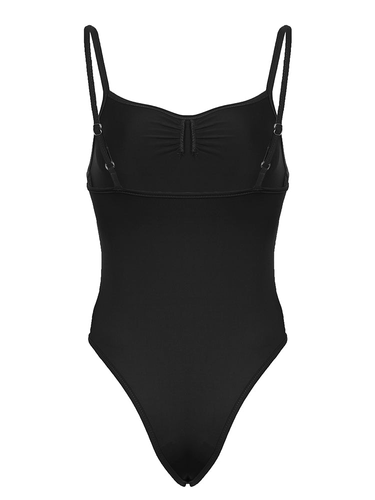 Hnewly - summer inspo Sleeveless Skinny Shirring Skinny Sexy Spaghetti Strap Bodysuit For Women Black Solid Simple Basic Vacation Camisole