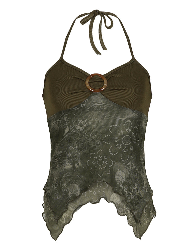 Hnewly - summer inspo Retro Forest Green Vintage Print Boho Y2K Camisole Backless Halter Tie Asymmetrical Tops Women Summer Vacation Clothing