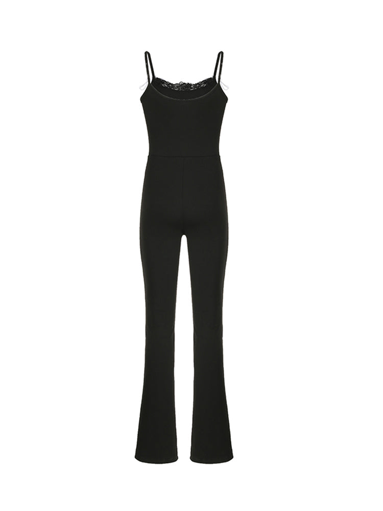 Hnewly - summer inspo Black Solid Sleeveless Skinny Sexy Flared Jumpsuits Women Lace Trim Tie Bow Cute Sweet Y2K Slip Rompers