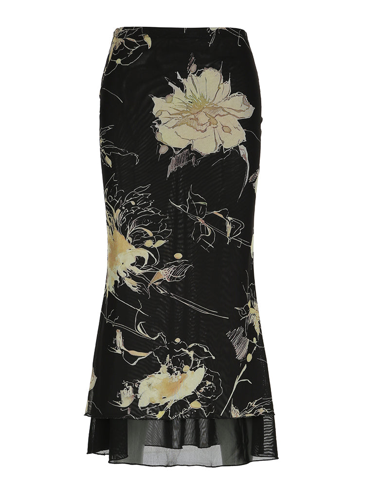 Hnewly - summer inspo Floral Print Two Layers Mesh Long Skirts For Women Vintage Elagant Fashion Low Waist Y2K Mermaid Skirt Vacation