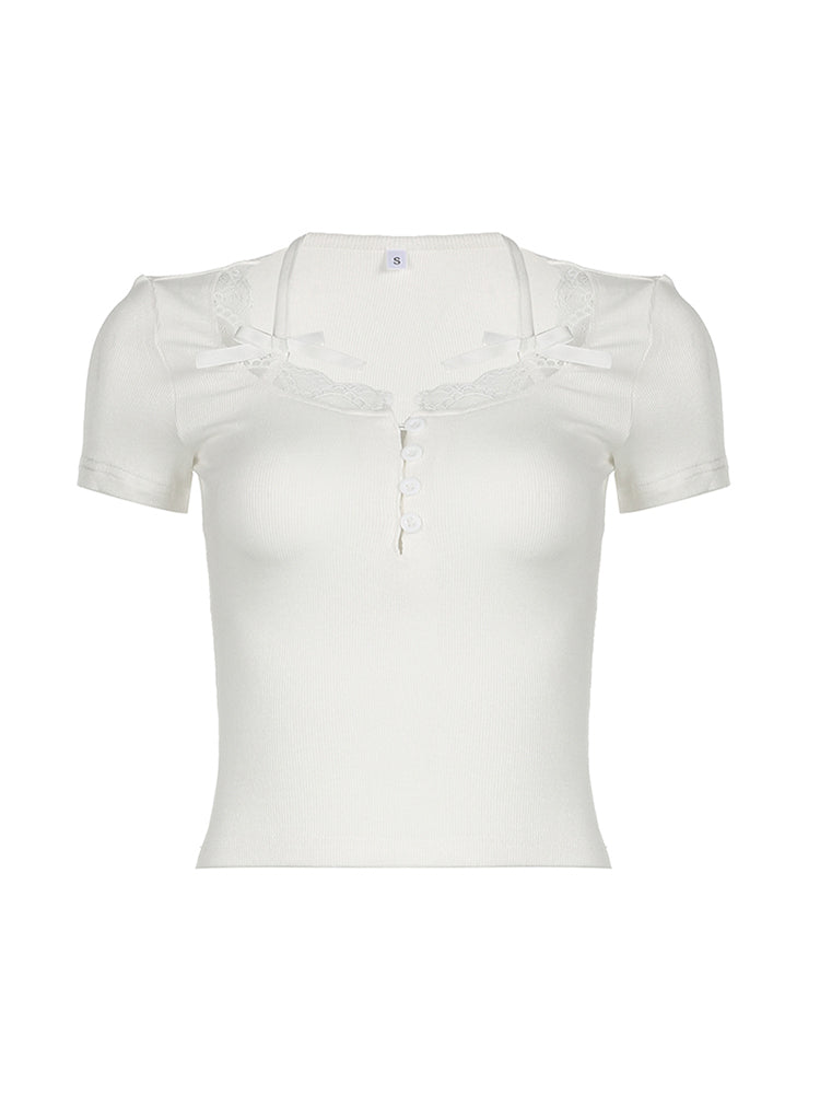 Hnewly - summer inspo Halter Neck Lace Trim Bow Cute Black Y2K T-Shirt Women Button Up Slim Short Sleeve White Tees Sweet Balletcore Clothing