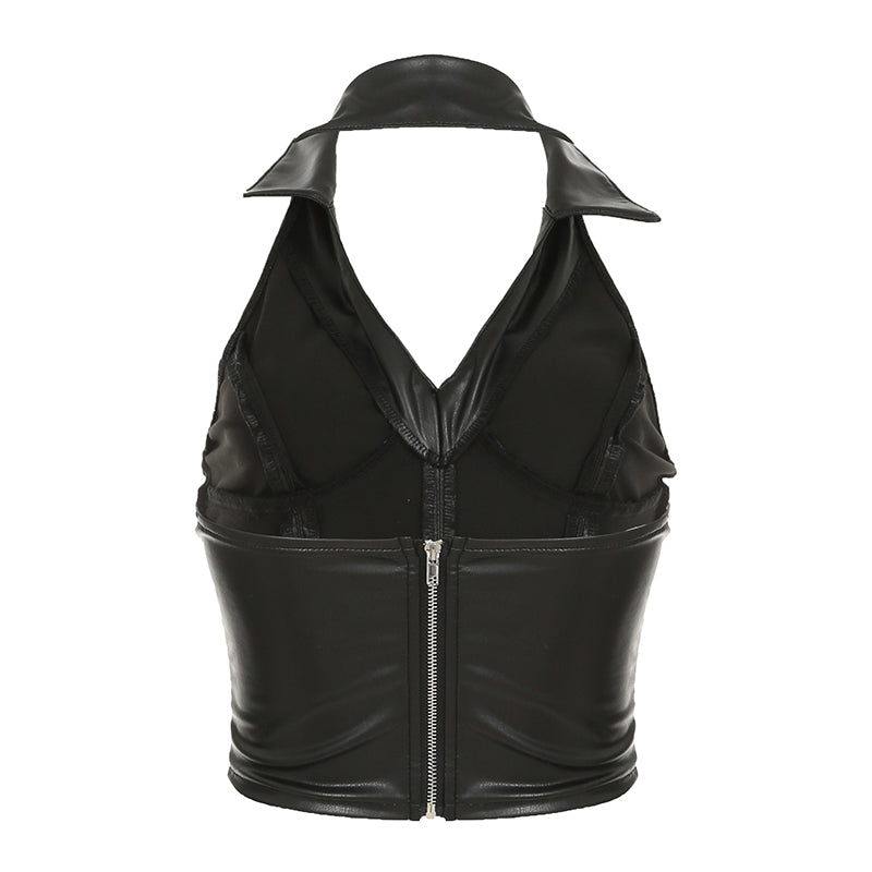 Hnewly - summer inspo Hot Sexy Gyaru Slim Fit Leather Short Tops Women Halter Up Turn Down Collar Fashion Trendy Backless Design Tanks