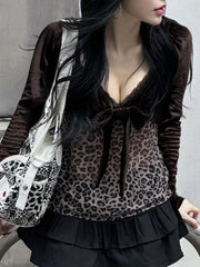 Hnewly - Y2k Retro Leopard Lace Trim V-Neck Blouses Women Velvet Long Sleeve Chic T-Shirt Trendy Clothes Autumn New