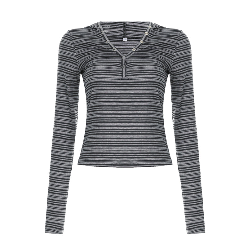 Hnewly - summer inspo Casual Striped Breasted Long Sleeve Hooded T-Shirts Women Design Slim Fit Simple Fashion Blouses