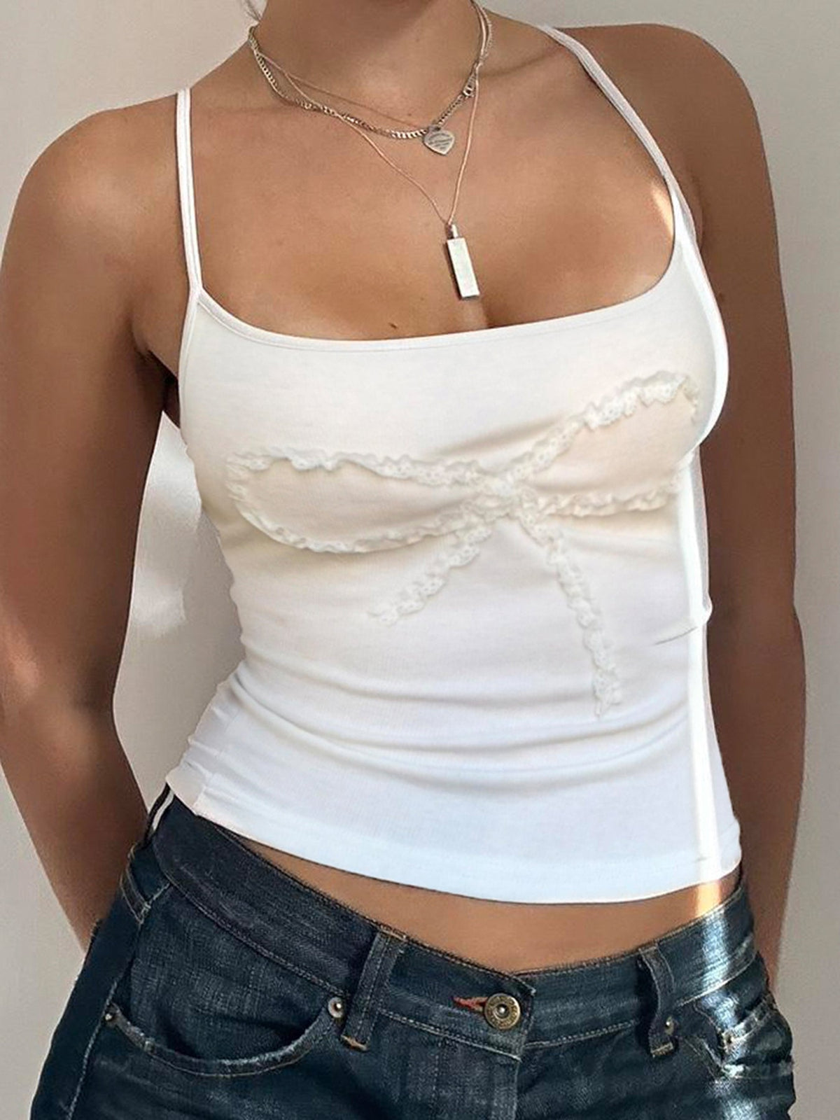 Hnewly - summer inspo Lace Bow Patches White Basic Cute Y2K Camisole Sleeveless Slim Women Crop Top Simple Casual Tank Vest