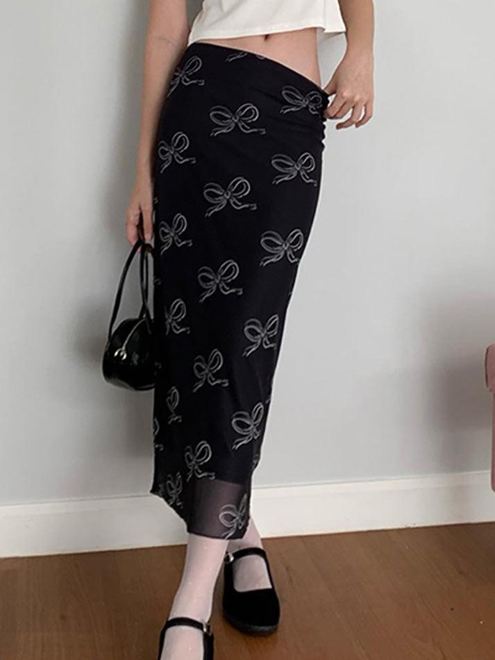 hnewly - Vintage Bow Print Mesh Midi Skirt hnewly
