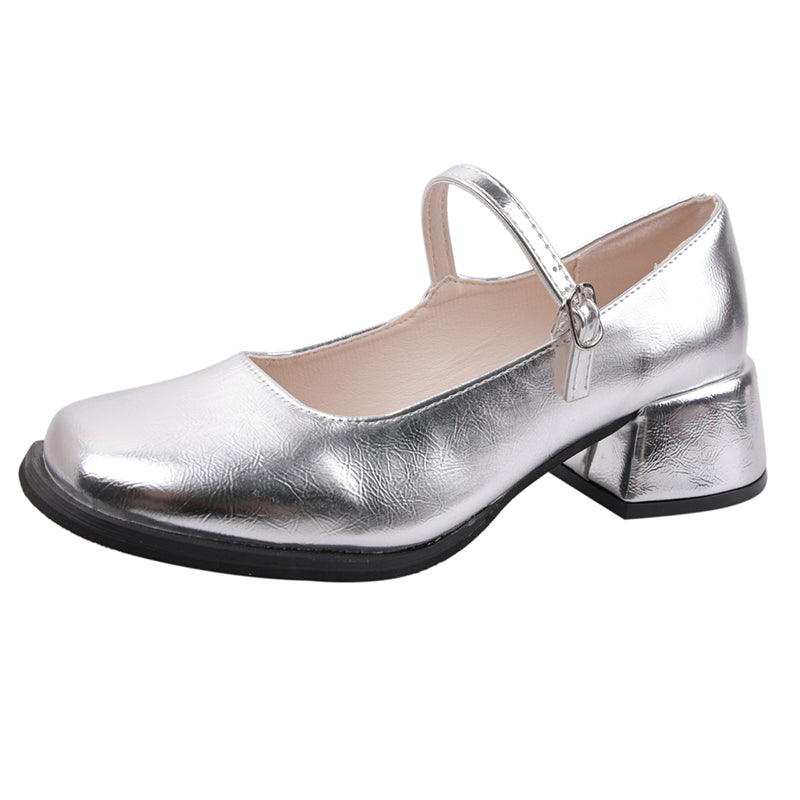 Hnewly Red Med Heels Mary Jane Shoes for Women Square Toe Ankle Buckle Pumps Woman Pu Leather Thick Heeled Party Shoes Ladies