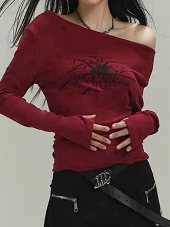 Hnewly Off Shoulder Graphic Print Slim Long Sleeve Tee