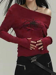 Hnewly Off Shoulder Graphic Print Slim Long Sleeve Tee