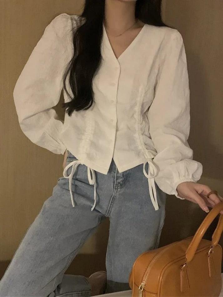 Hnewly Lace Up Button Front Long Sleeve Blouse