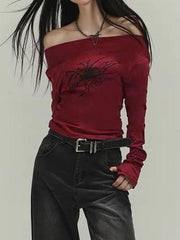Hnewly Off Shoulder Graphic Print Slim Long Sleeve Tee