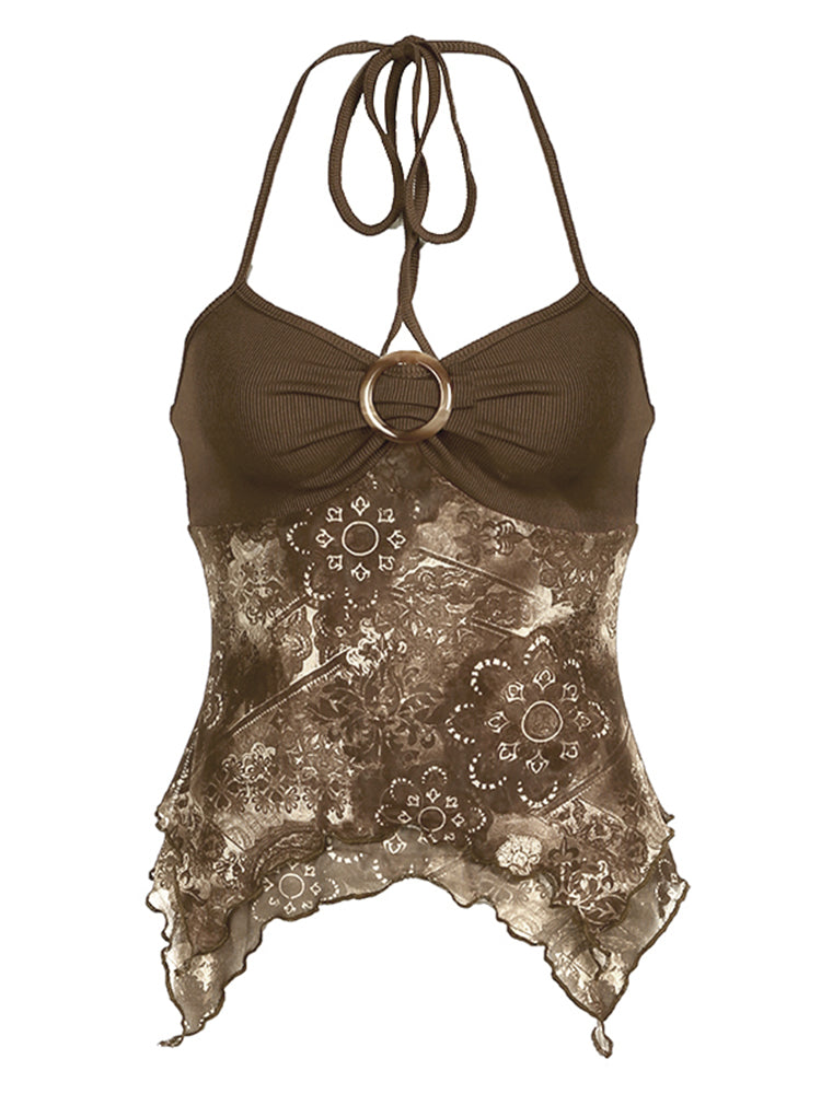 Hnewly - summer inspo Retro Forest Green Vintage Print Boho Y2K Camisole Backless Halter Tie Asymmetrical Tops Women Summer Vacation Clothing