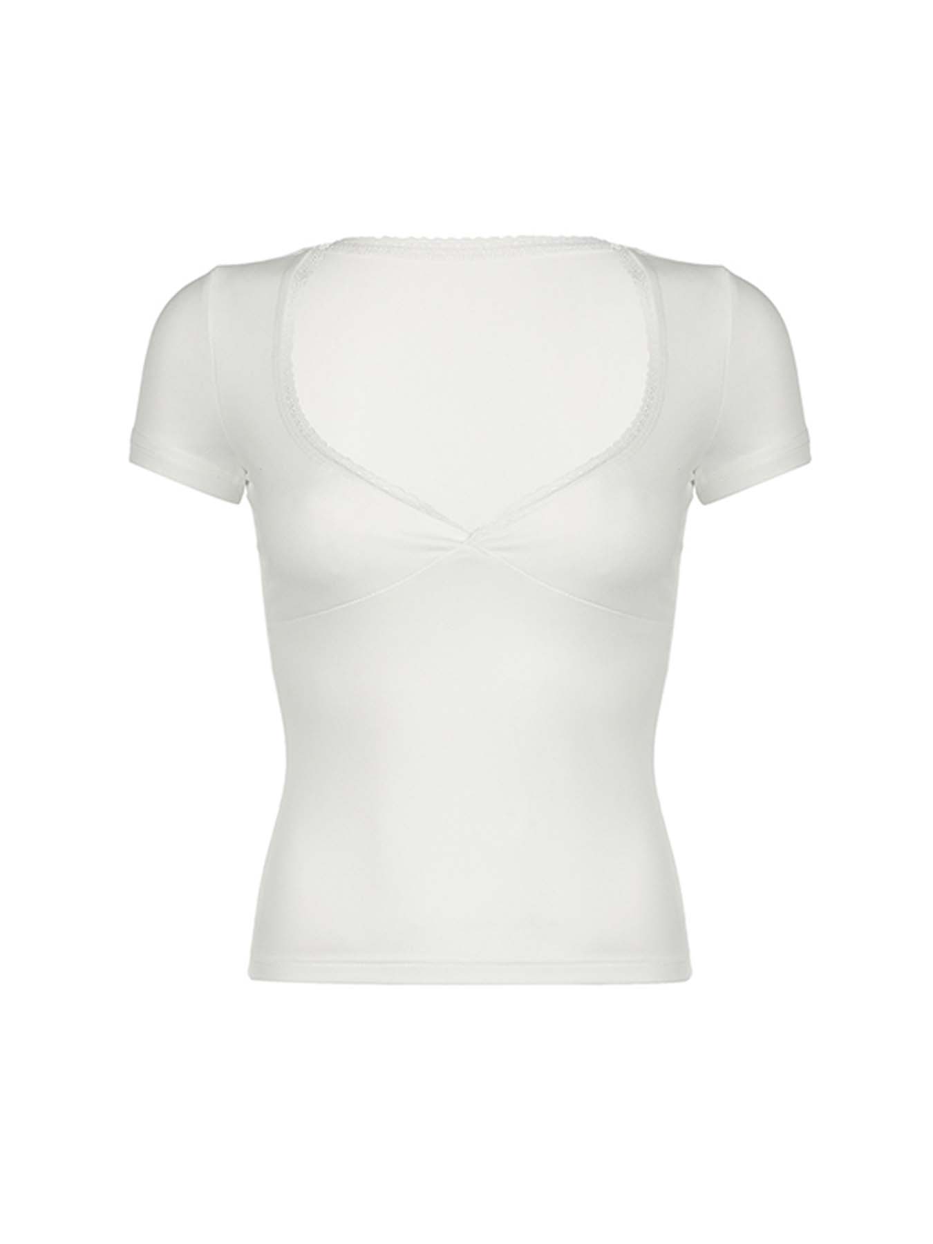 Hnewly - summer inspo Black Solid Slim Elegant Basic Short Sleeve Tees Lace Trim Cute Y2K V Neck White T Shirts Women Summer Streetwear Tops