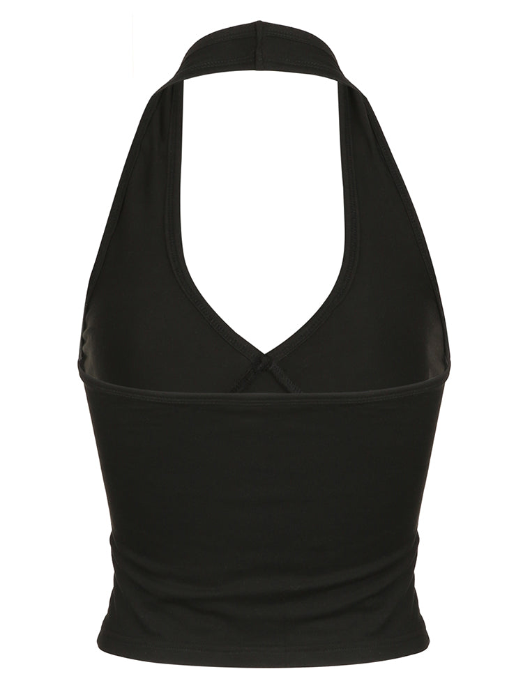 Hnewly - summer inspo Backless Sexy Halter Tops Women Black Solid Basic V Neck Slim Tank Vest Elegant Crop Top Rave Summer Streetwear Shirts
