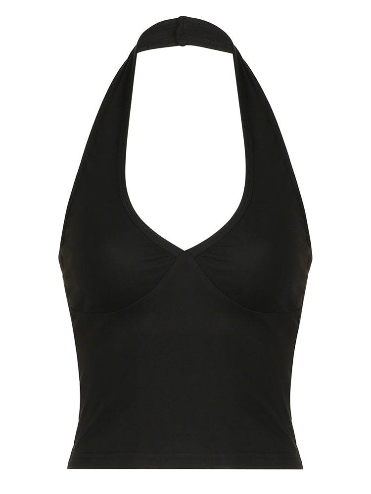 Hnewly - summer inspo Backless Sexy Halter Tops Women Black Solid Basic V Neck Slim Tank Vest Elegant Crop Top Rave Summer Streetwear Shirts