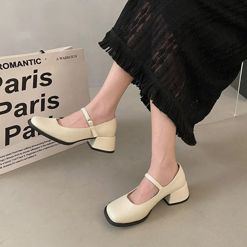 Hnewly Red Med Heels Mary Jane Shoes for Women Square Toe Ankle Buckle Pumps Woman Pu Leather Thick Heeled Party Shoes Ladies