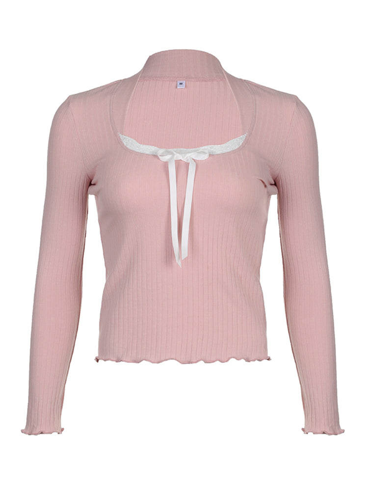 Hnewly - Japanese Kawaii Sweet Pink Knitted Ribbed Tee Contrast Lace Tie Bow Square Collar Long Sleeve Basic Spring Autumn T Shirt Women