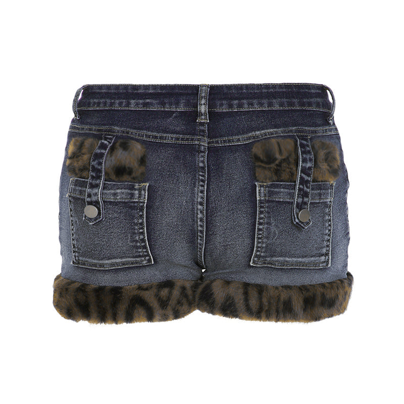 Hnewly - summer inspo Fashion Y2k Leopard Faux Fur Spliced Jean Shorts Women Chic Trendy Street Shorts Retro Exquisite