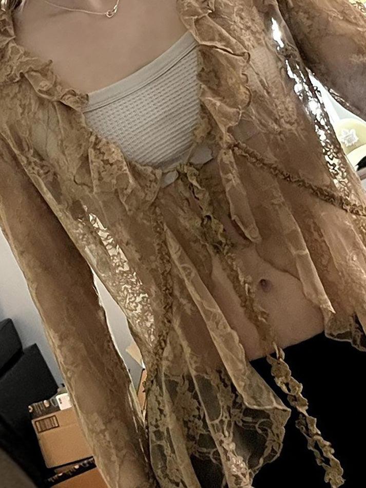 Hnewly Lace Front Tie Bell Long-Sleeve Blouse