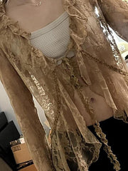 Hnewly Lace Front Tie Bell Long-Sleeve Blouse