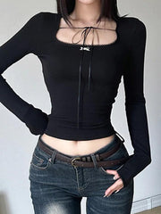 Hnewly Square Neck Bow Tie Up Long Sleeve Tee