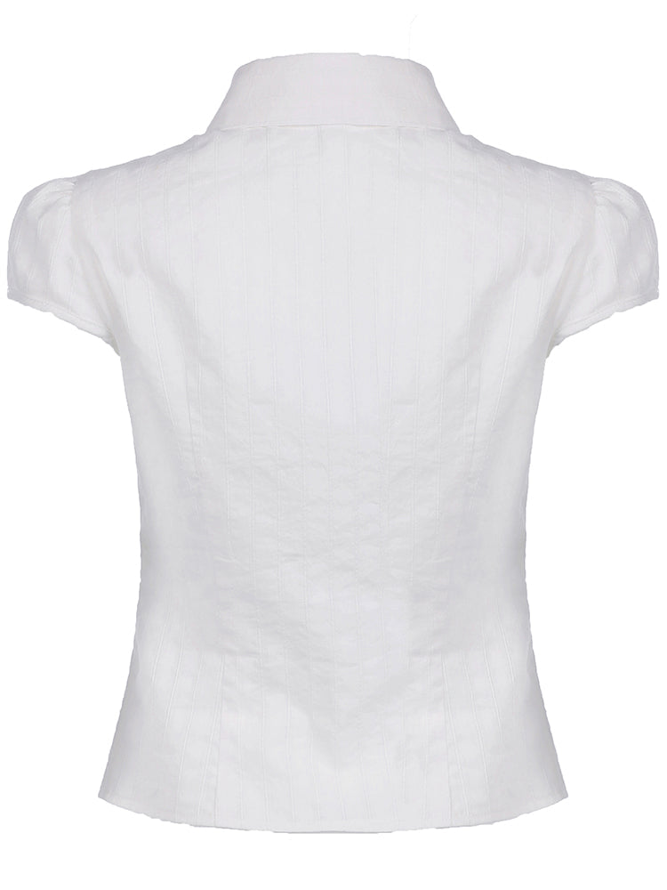 Hnewly - summer inspo White Solid Single Breasted Turn Down Collar Casual Shirts Women Simple Puff Sleeve Japanese Y2K Preppy Summer Tops