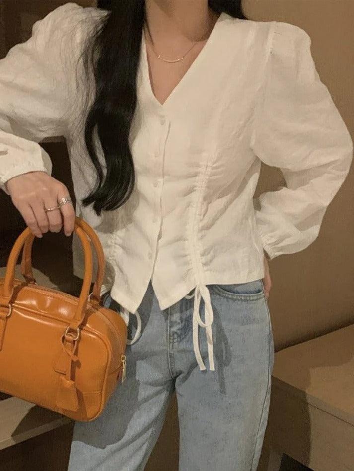 Hnewly Lace Up Button Front Long Sleeve Blouse