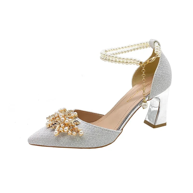 Hnewly Ladies Shoes on Sale New Fashion Pointed Metal Beaded Solid Women's High Heels Summer Leisure Banquet Women Wedding Pump