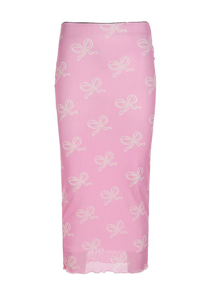 hnewly - Vintage Bow Print Mesh Midi Skirt hnewly