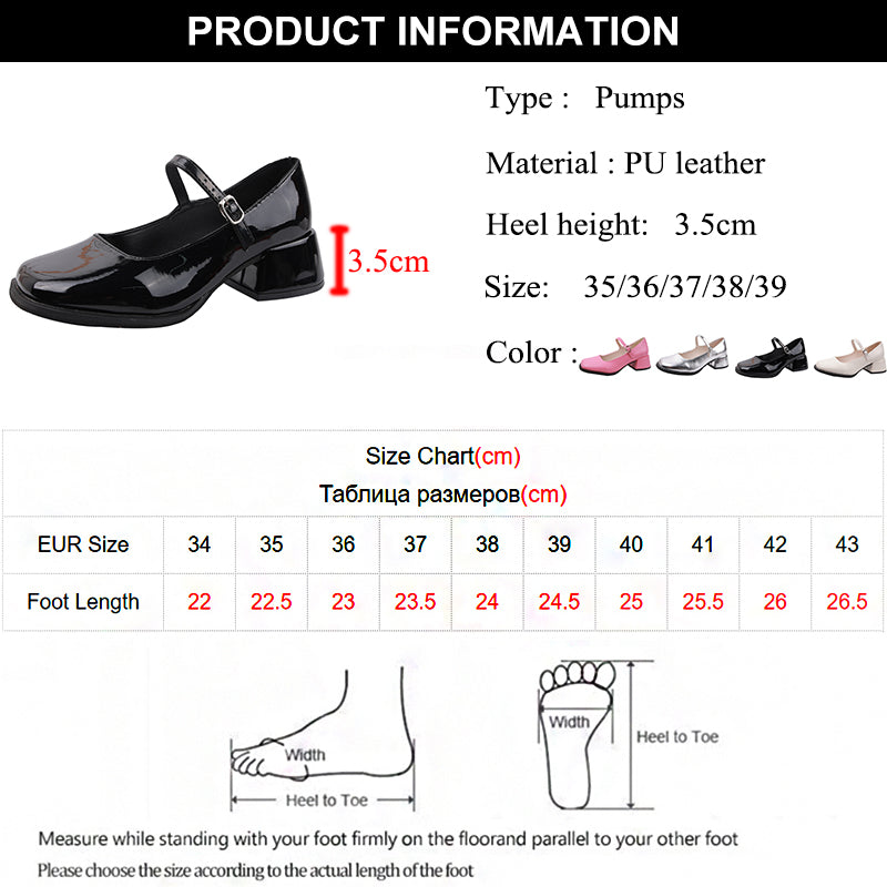 Hnewly Red Med Heels Mary Jane Shoes for Women Square Toe Ankle Buckle Pumps Woman Pu Leather Thick Heeled Party Shoes Ladies