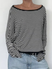 Hnewly - summer inspo Twist Backless Loose Casual Stripe Long Sleeve T Shirt Women Contrast Binding O Neck Minimalist Pullover Tops